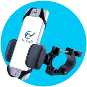 Circulo azul con fotografía de producto de un soporte para móvil en carrito de golf