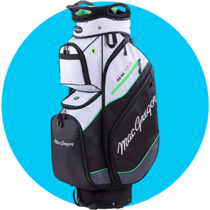 Circulo azul con fotografía de producto de una bolsa de golf