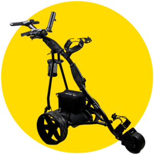 Circulo amarillo con fotografía de producto de un carro de golf negro