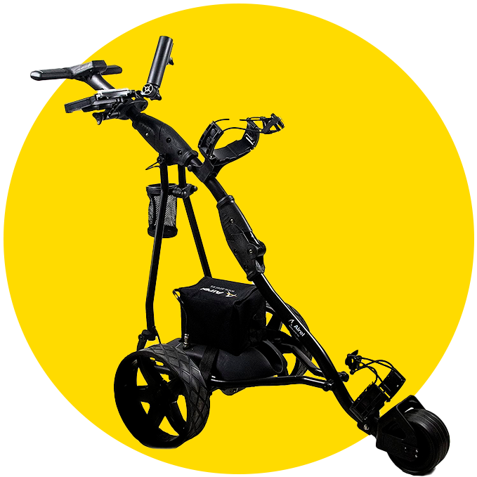 Circulo amarillo con fotografía de producto de un carro de golf negro