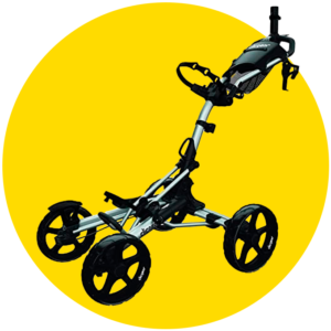 Circulo amarillo con fotografía de producto de un carro de golf