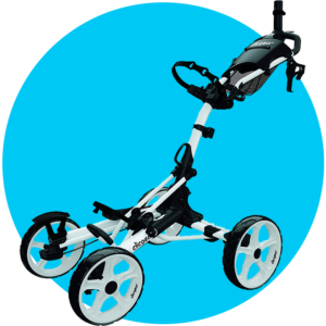 Circulo azul con fotografía de producto de un carro de golf