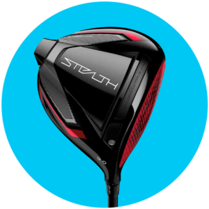 Circulo azul con fotografía de producto de un palo de golf driver