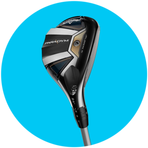 Circulo azul con fotografía de producto de un palo de golf hibrido