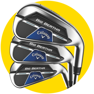 Circulo amarillo con fotografía de producto de unos hierros de golf