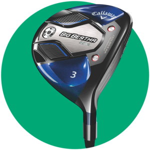 Circulo verde con fotografía de producto de un palo de golf madera