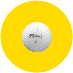 Circulo amarillo con fotografía de producto de una bola de golf
