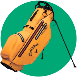 Circulo verde con fotografía de producto de una bolsa de golf con trípode naranja