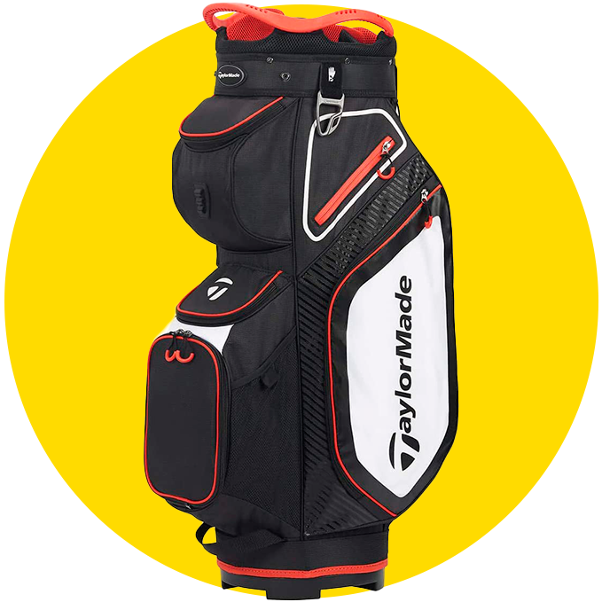 Circulo amarillo con fotografía de producto de una bolsa de golf para carro