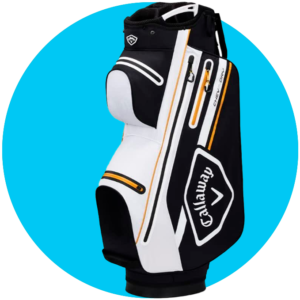 Circulo azul con fotografía de producto de una bolsa de golf impermeable