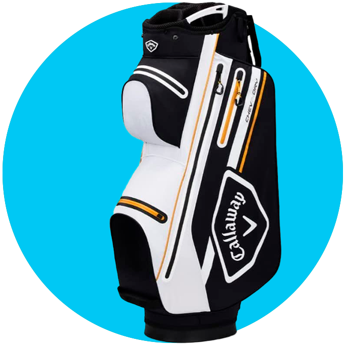 Circulo azul con fotografía de producto de una bolsa de golf impermeable