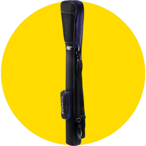 Circulo amarillo con fotografía de producto de una bolsa de golf tipo lápiz