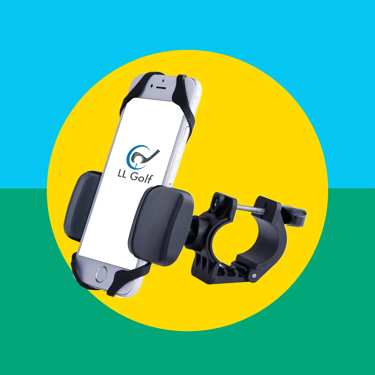Diseño gráfico con imagen de un soporte para móviles en carro de golf destacado