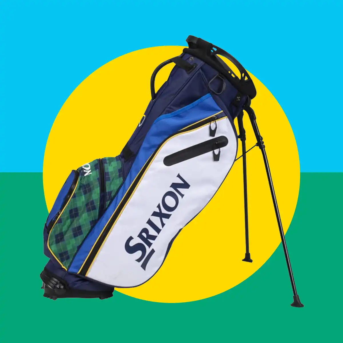 Diseño gráfico con imagen de una bolsa de golf con trípode destacado