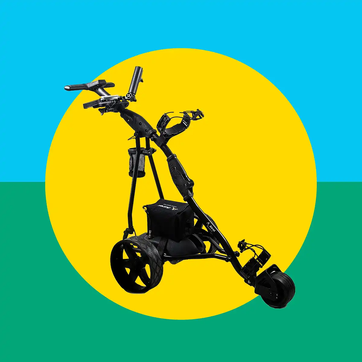 Diseño gráfico con imagen de un carro de golf eléctrico destacado