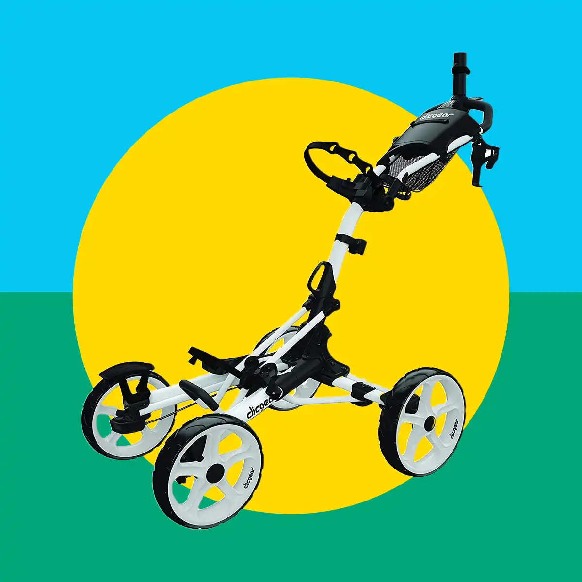 Diseño gráfico con imagen de un carro de golf destacado