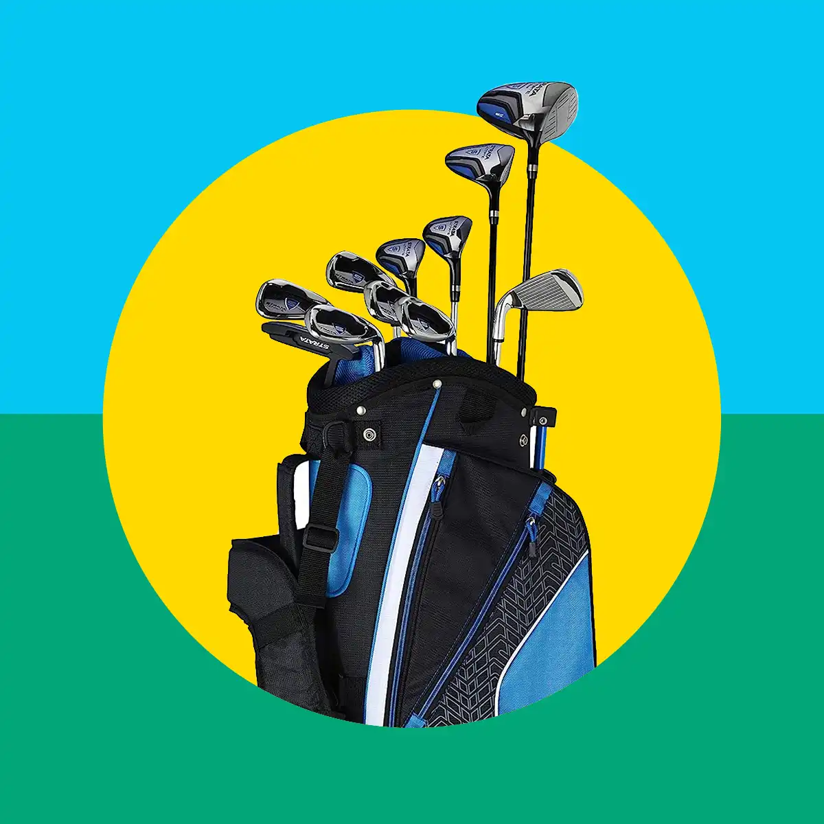 Diseño gráfico con imagen de bolsa de palos de golf, con un set de golf destacado