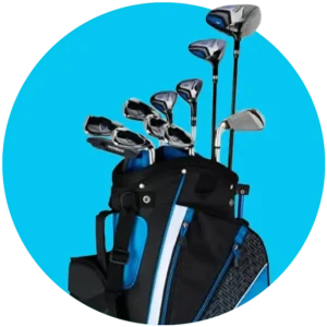 Circulo azul con fotografía de un set de palos de golf